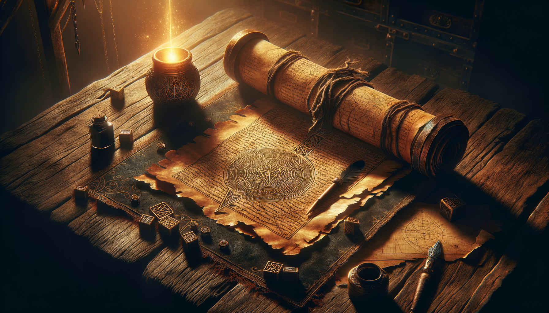 Ancient fantasy quest scroll with magical golden light and mystical runes