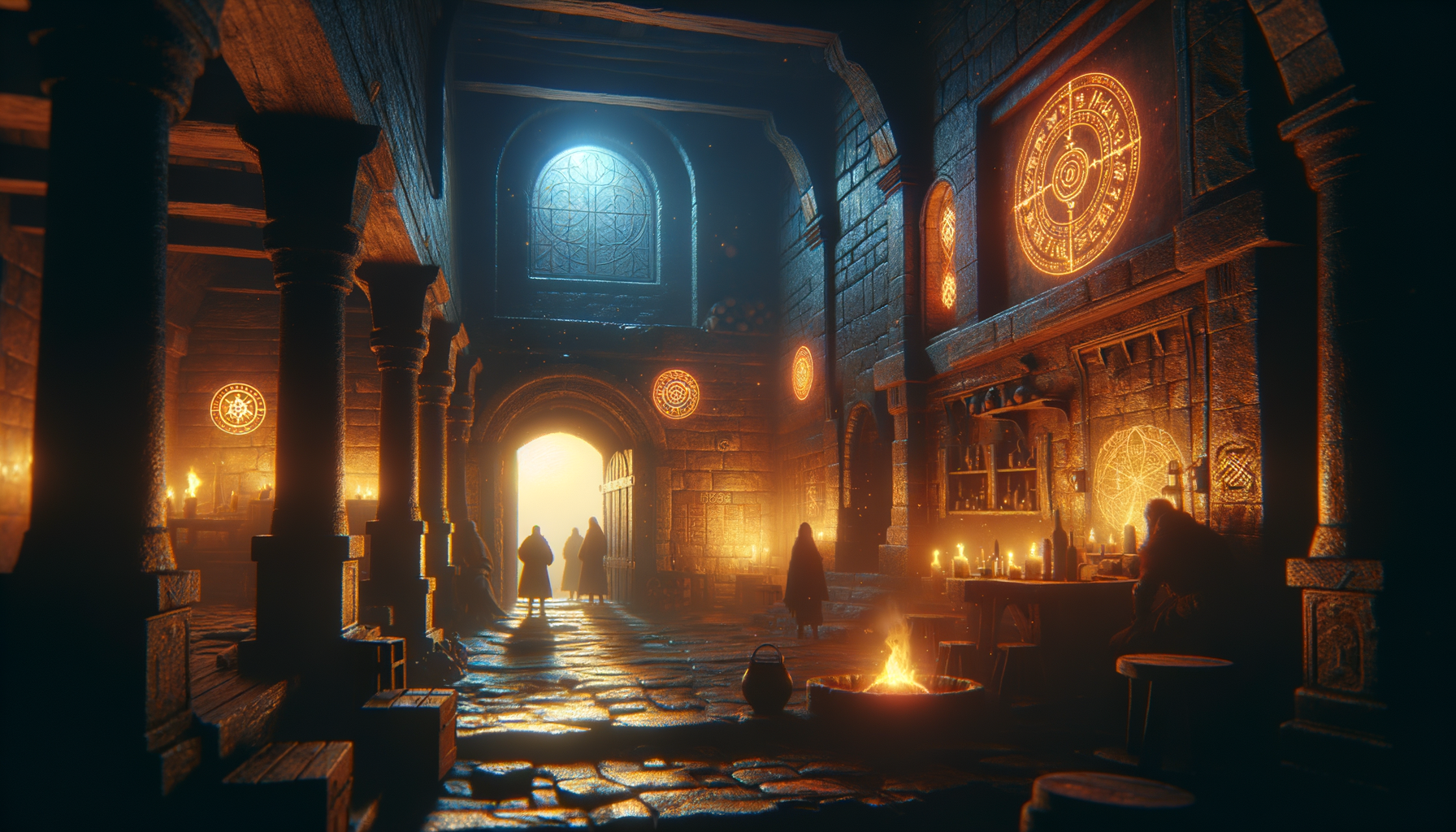 Epic fantasy tavern interior with adventurers, warm firelight, and mystical atmosphere